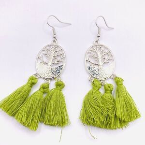 Silver tree boho pendant olive green long tassel earrings
